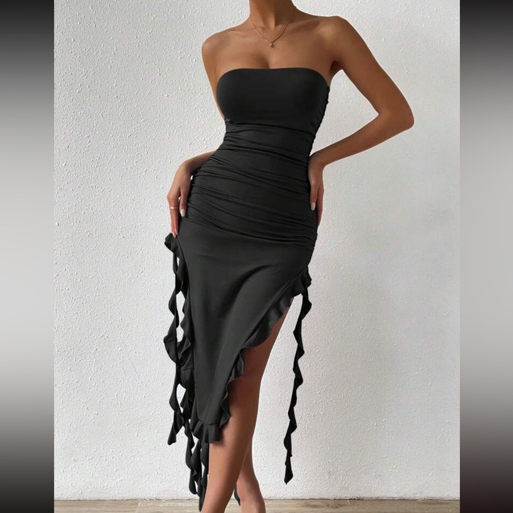 Ruffle Trim Slit Dress